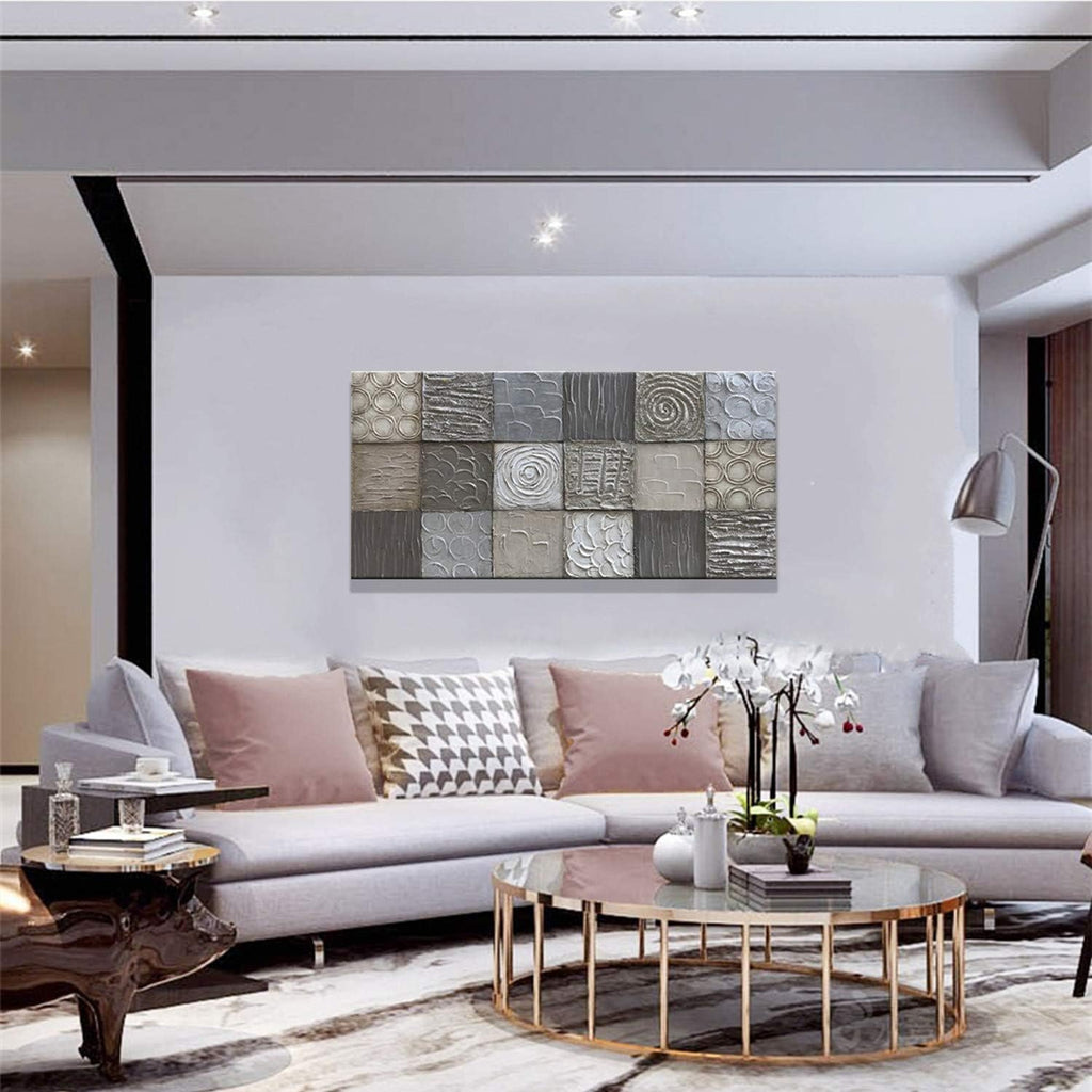 Alenoss 100% Handmade Abstract Metal Paintings Canvas Wall Art Unique Thick Texture Rough Surface Modern Oil Painting 48x24 Inches Imitation Old Handicrafts Grey Artwork
