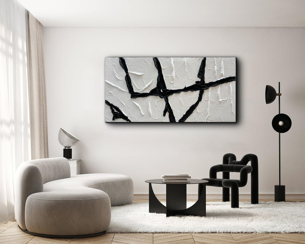 Creespi Hand Painted Black and White Thick Texture Oil Painting On Canvas,Modern Minimalist Abstract Wall Art for Home Decor 24x48 inch