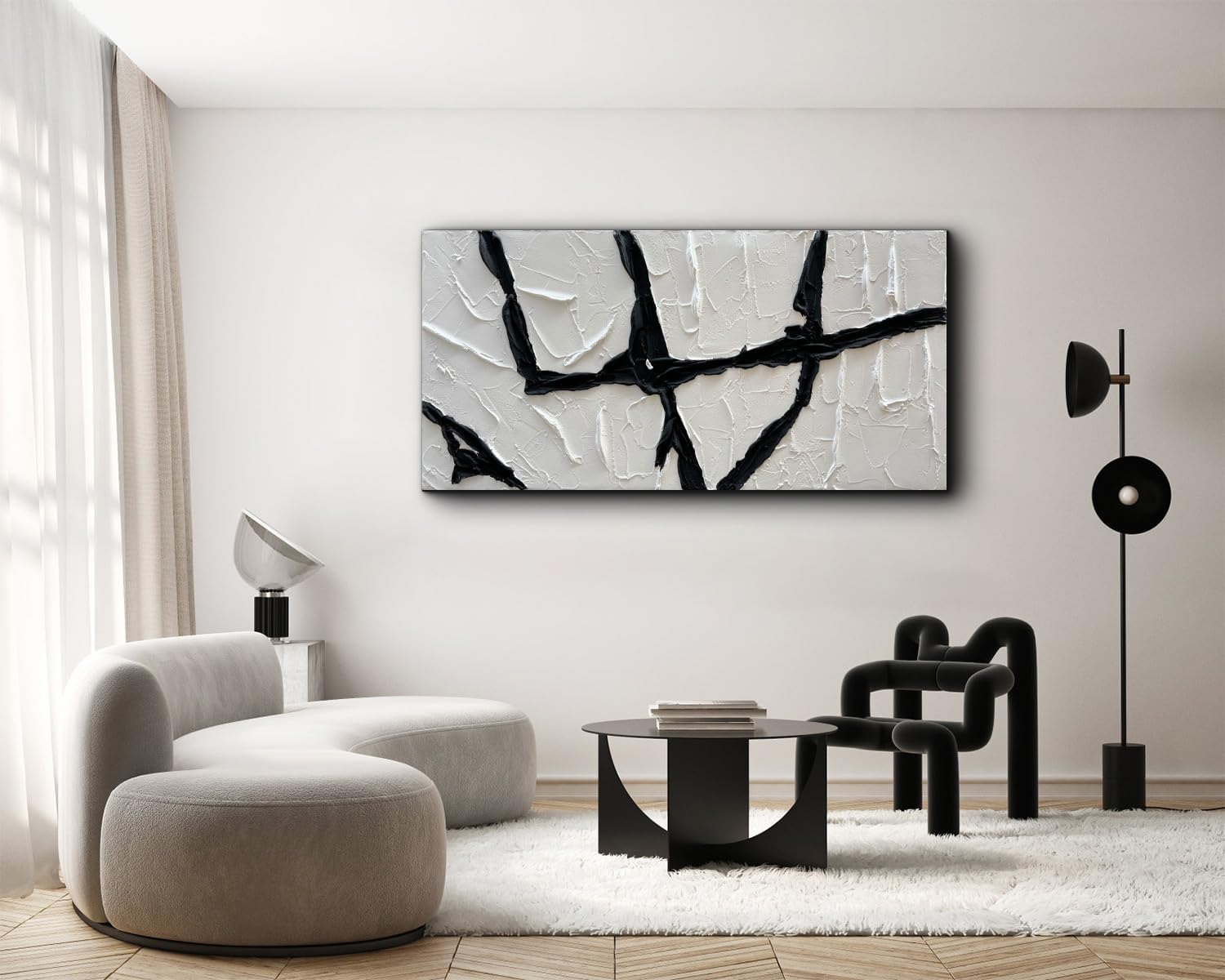 Creespi Hand Painted Black and White Thick Texture Oil Painting On Canvas,Modern Minimalist Abstract Wall Art for Home Decor 24x48 inch