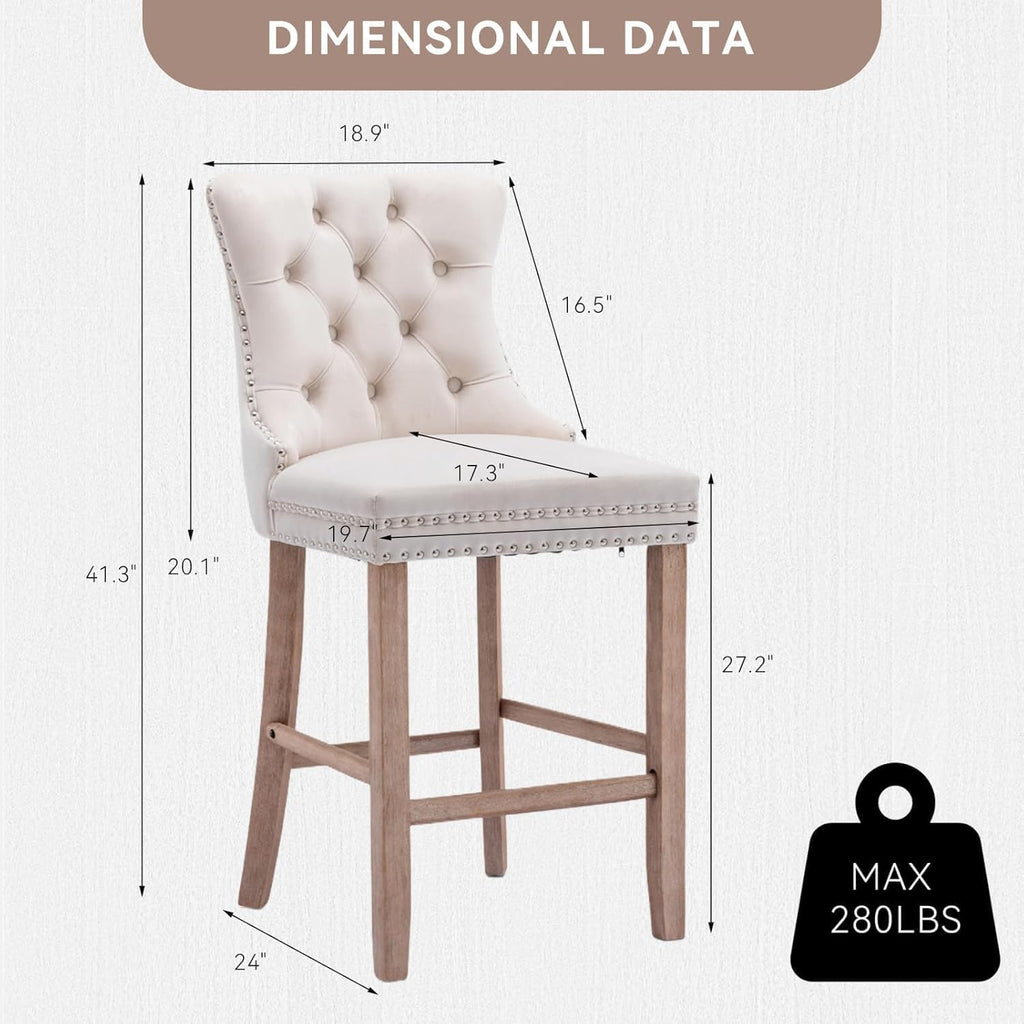 Elegant Velvet Bar Stools Set of 2,Delicate Upholstered Counter Height Barstool with Backrest,Wooden Legs Design for Kitchen Islands & Pubs（ Beige ）