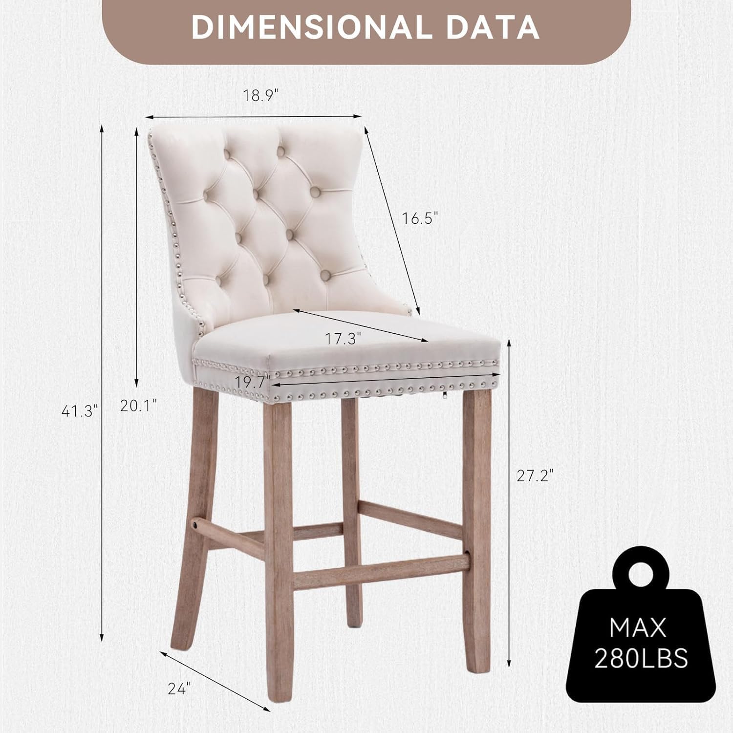 Elegant Velvet Bar Stools Set of 2,Delicate Upholstered Counter Height Barstool with Backrest,Wooden Legs Design for Kitchen Islands & Pubs（ Beige ）