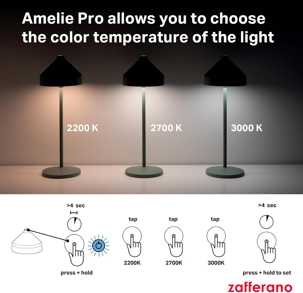 Zafferano, Amelie Pro Lamp, Rechargeable Cordless Table Lamp with Touch Control, Suitable for Indoor and Outdoor, Dimmer, 2200-3000 K, Height 13.4 Inches, Mint Green Color