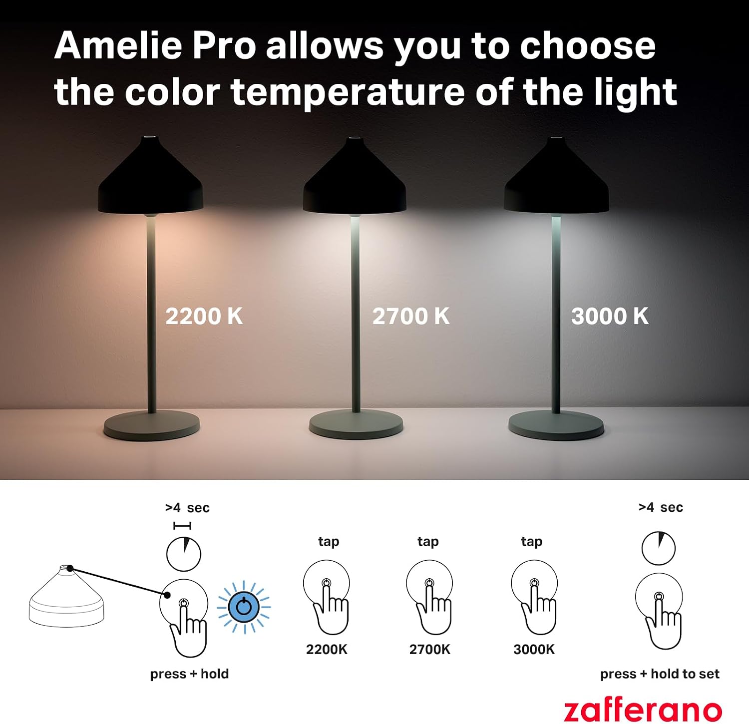 Zafferano, Amelie Pro Lamp, Rechargeable Cordless Table Lamp with Touch Control, Suitable for Indoor and Outdoor, Dimmer, 2200-3000 K, Height 13.4 Inches, Black Color