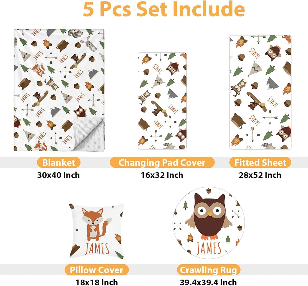 Custom Baby Crib Bedding Set - 5 Piece Nursery Crib Set Woodland Animals Design - Personalized Name Blanket with Dotted Backing, Crib Sheet, Changing Pad Cover, Pillow Cover, Rug for Newborns Color09