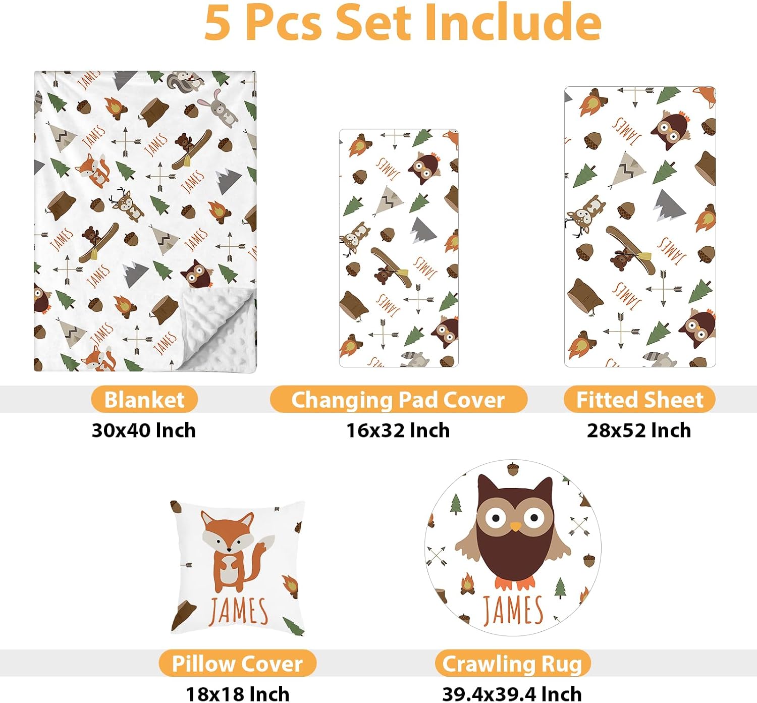 Custom Baby Crib Bedding Set - 5 Piece Nursery Crib Set Woodland Animals Design - Personalized Name Blanket with Dotted Backing, Crib Sheet, Changing Pad Cover, Pillow Cover, Rug for Newborns Color09