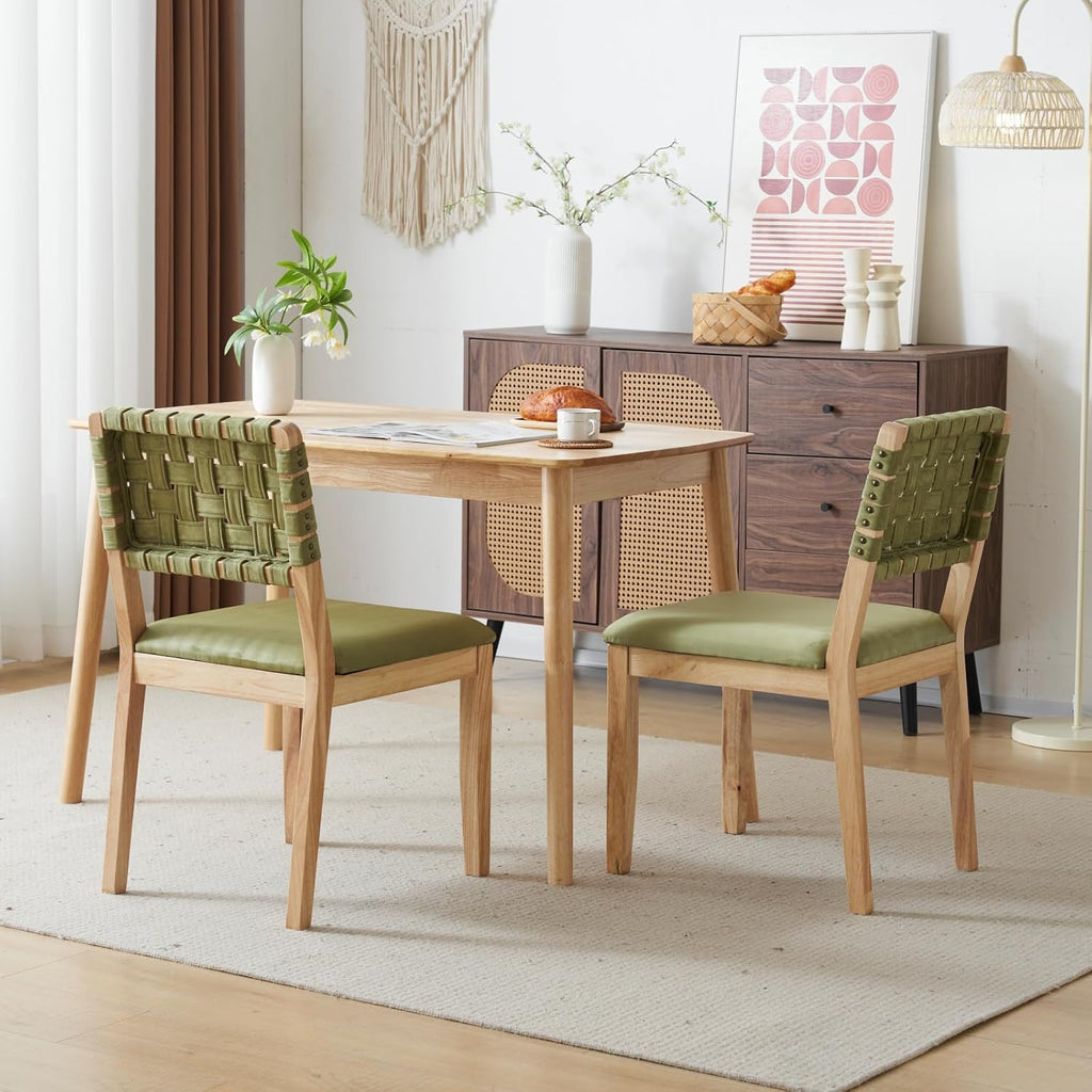 VINGLI Sage Green Woven Wooden Dining Chairs Set of 2,Armless Mid Century Modern Desk Chairs with Rivet&Foot Pegs,Upholstered Farmhouse Comfy Chair No Wheels for Dining Room,Living Room,Oak,Suede