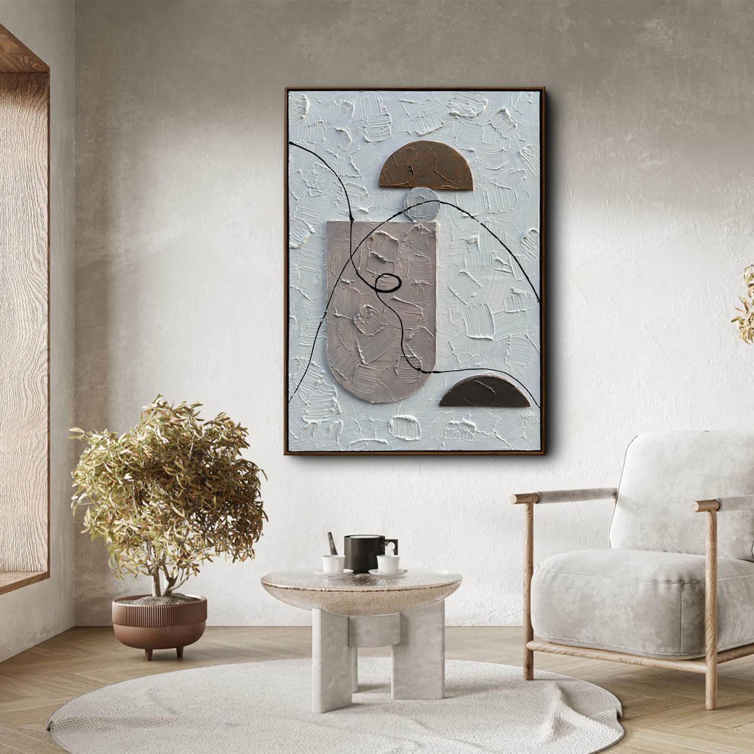 Hand Painted Modern Relief Painting, Framed Artwork, Plaster Wall Art, 3D Textured Oil Paintings on Canvas
