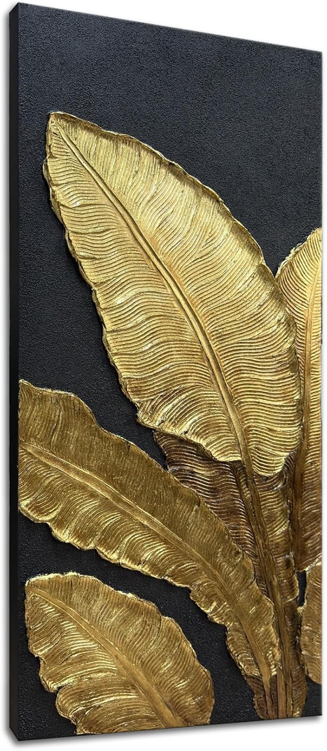Slyart 100% Hand-Painted 3D Black and Gold Textured Wall Art, Modern Gold Banana Leaf Oil Paintings on Canvas Wall Decor
