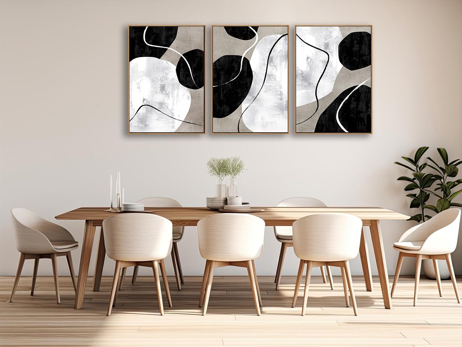 Minimalist Abstract Boho Wall Art - Natural Framed Abstract Canvas Picture Stone Painting Rock Line Artwork Modern Geometric Canvas Prints for Home Wall Decor 20' x 28' * 3 Tan Grey White Black