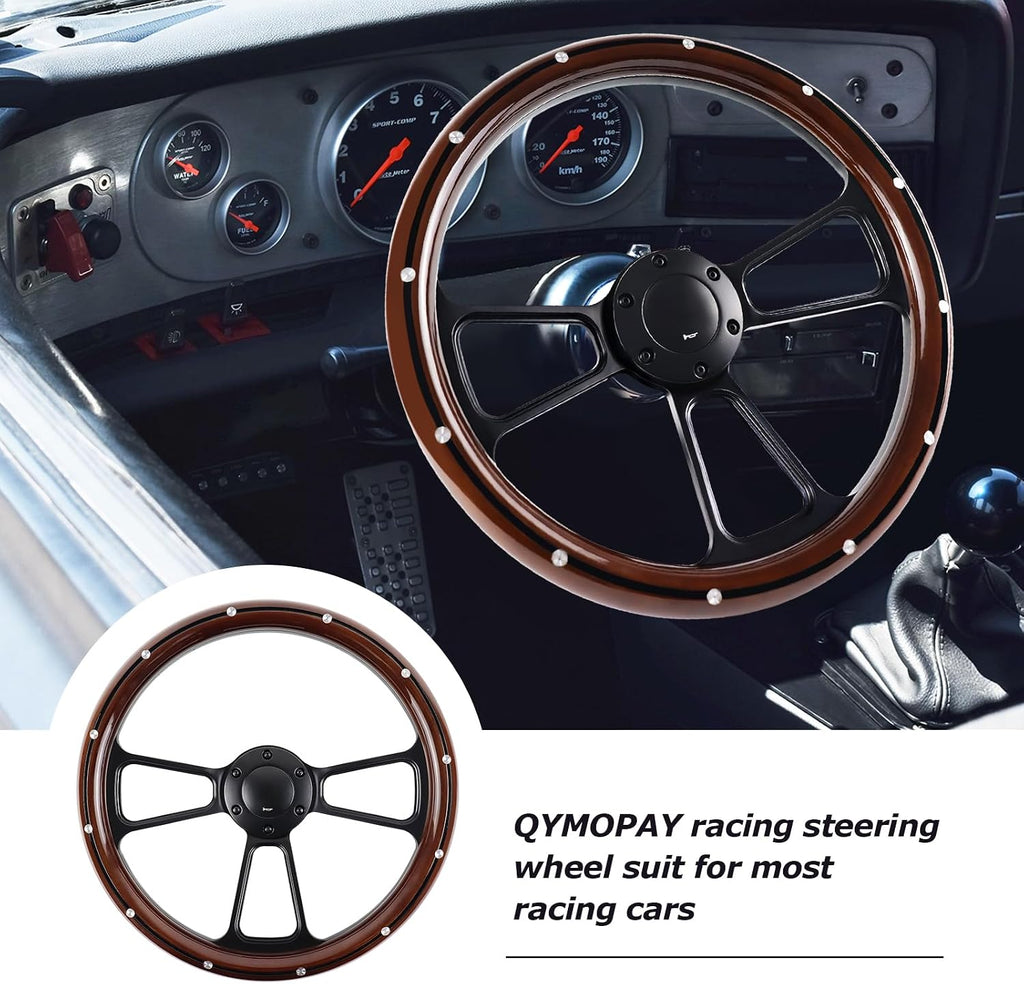 Universal Wooden Racing Steering Wheel 14 Inch 6 Bolt Black Aluminum 3 Spoke Rivet Steering Wheel with Horn Button for Racing/Rally/Motor Sports