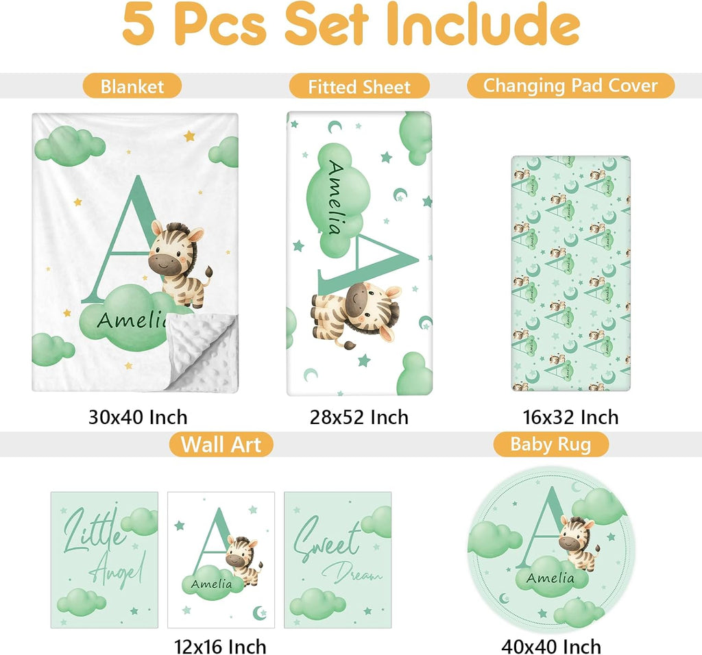 Terwex Custom Crib Bedding Set, 5 Pcs Personalized Name Baby Crib Sets for Newborns Infants Toddlers, Green Zebra Nursery Bedding Set for Boys Girls, Double Layer Baby Bedding Sets Customized Gifts