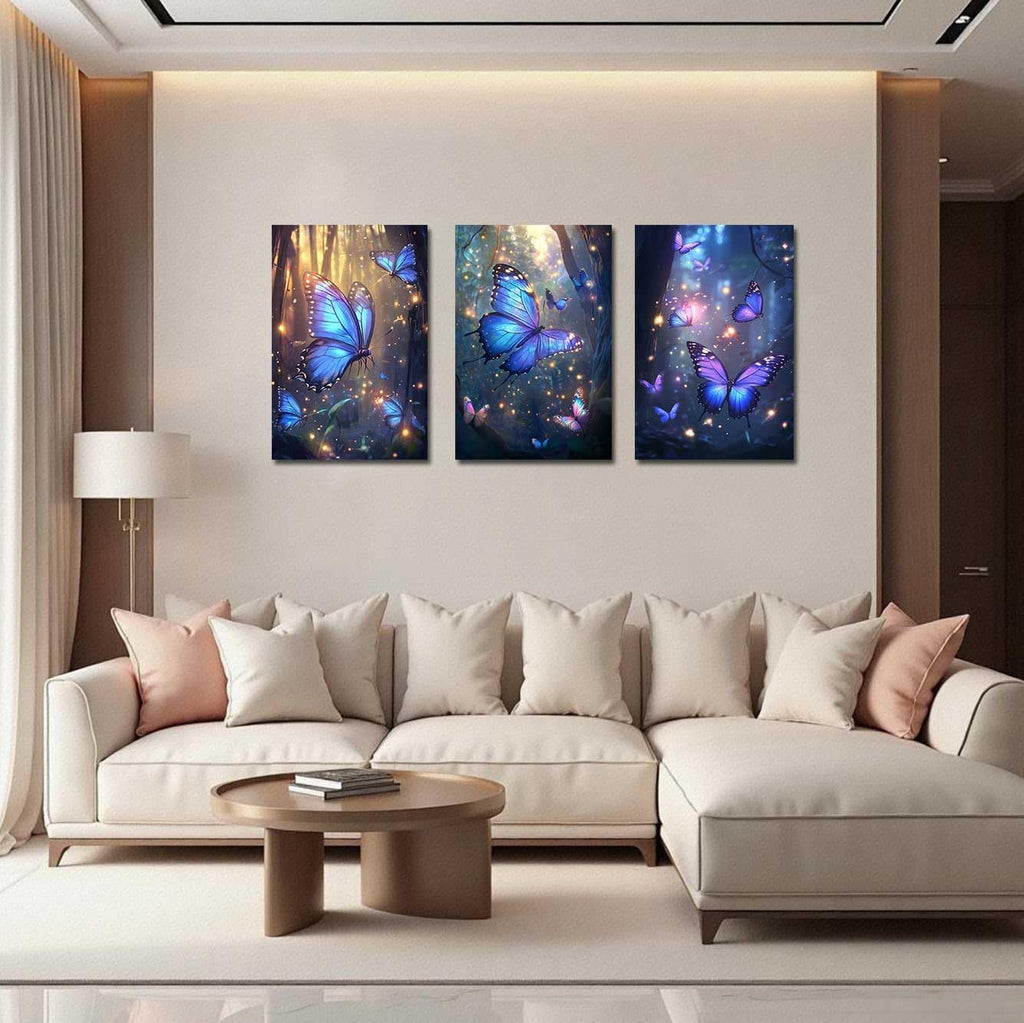 LZIMU 3Pcs Butterfly Wall Art Blue and Purple Butterflies Picture Fantasy Forest Painting Abstract Modern Canvas Print Nature Artwork Girls Bedroom Room Decor (24x36inx3 Pieces)