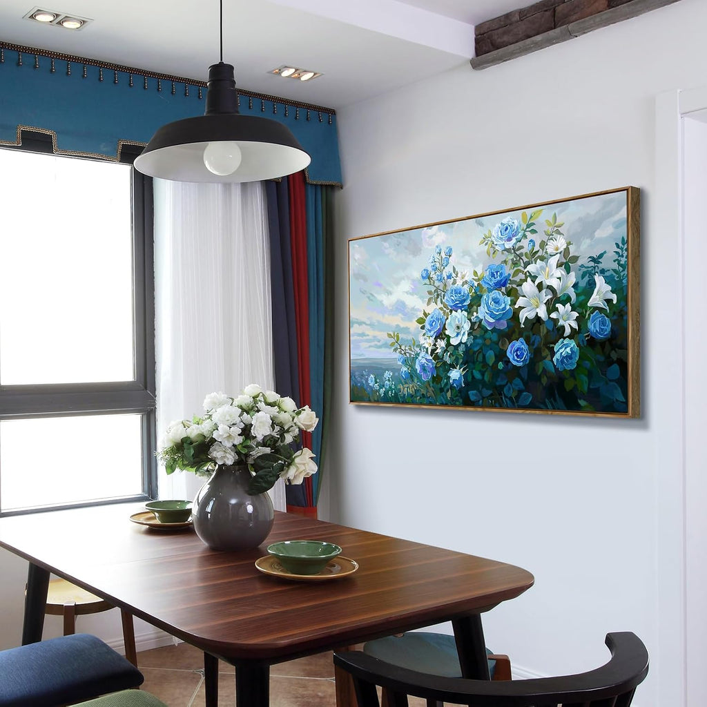 Framed Floral Wall Art for Bedroom Living Room – Blue and White Flowers Canvas Painting with Rustic Wood Frame – Botanical Artwork for Farmhouse & Cottage Décor 48x24 Inch