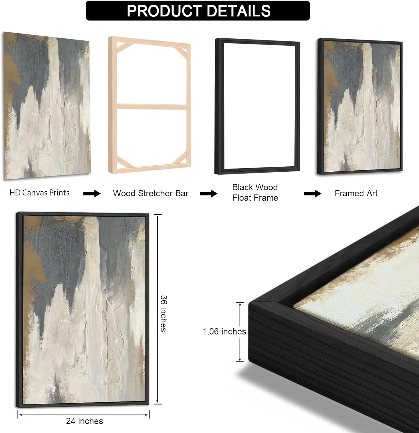ASDCEUTICALS Large Canvas Wall Art - Gray Brown and Beige Abstract Pictures for Living Room Vintage Wall Decor Retro Artwork Black Float Framed Paintings for Bedroom Dinning Room 24' X 36' X 3 pcs