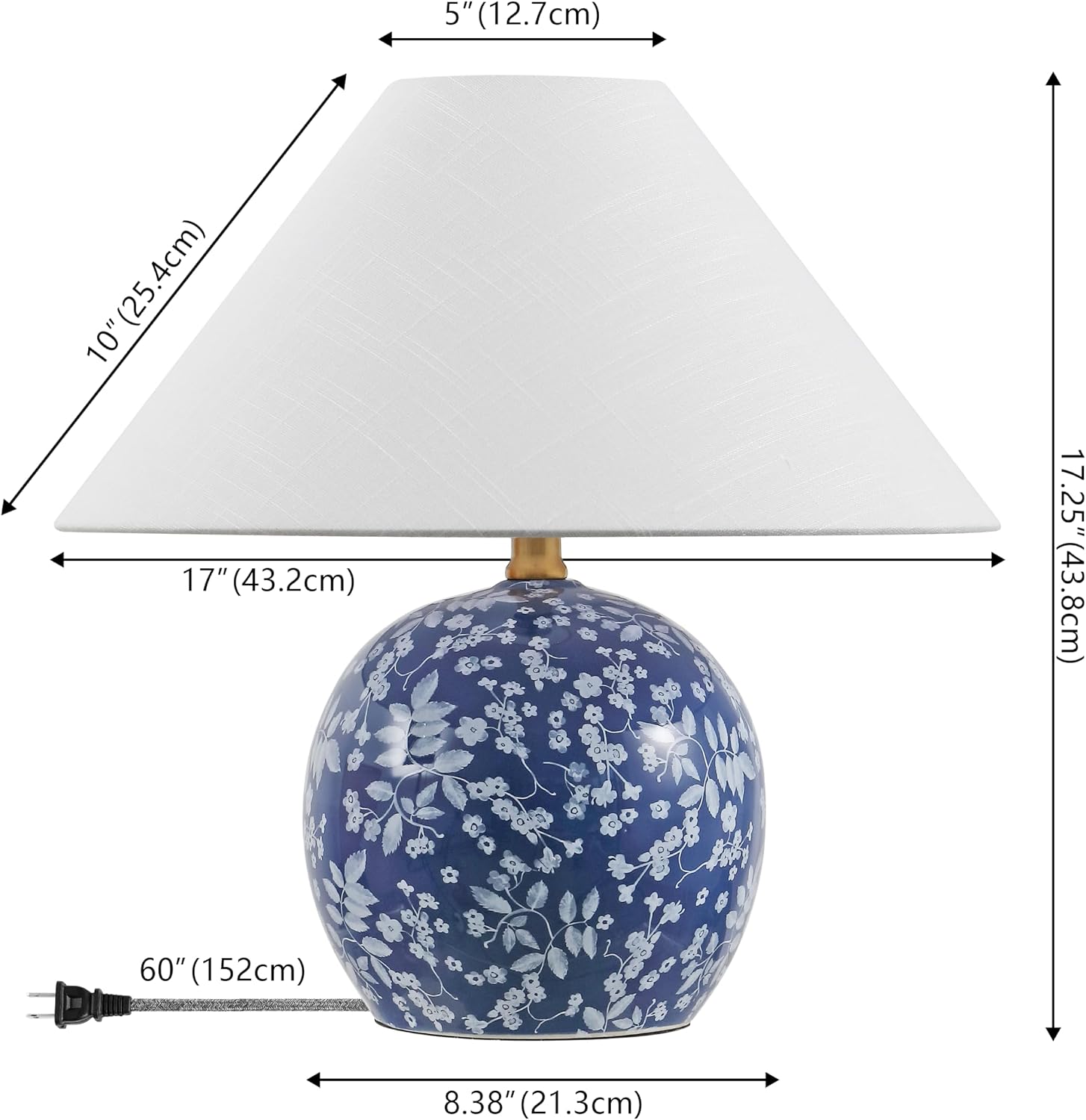 JONATHAN Y 17.25' Blue/White Modern Cottage Floral Ceramic Globe Table Lamp for Bedroom, White Linen Shade, LED Bulb Included, French Country Home Decor JYL5508A