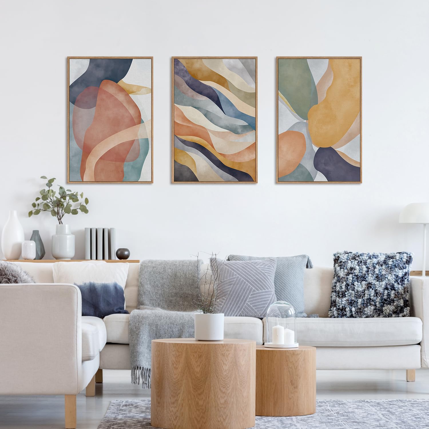 LHIUEM Large Abstract Neutral Framed Canvas Wall Art Set,Colorful Watercolor Block Wall Decor,Boho Geometric Illustrations Artwork for Living Room,Bedroom,Dining Room,Office - 24'x36'x3