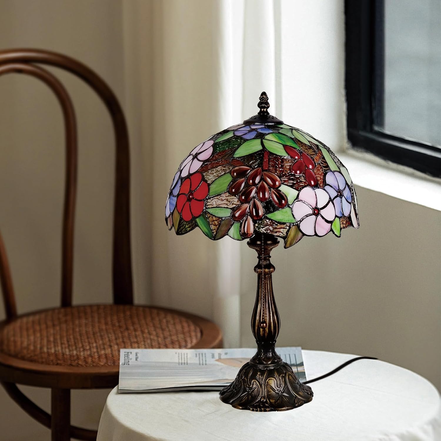 Tiffany Style Green Stained Glass Table Lamp, Purple Grape Colorful Blossom Desk Light with Antique Bronze Resin Base, Decorative Lighting for Bedroom, Living Room, Office 12X12X19 Inch
