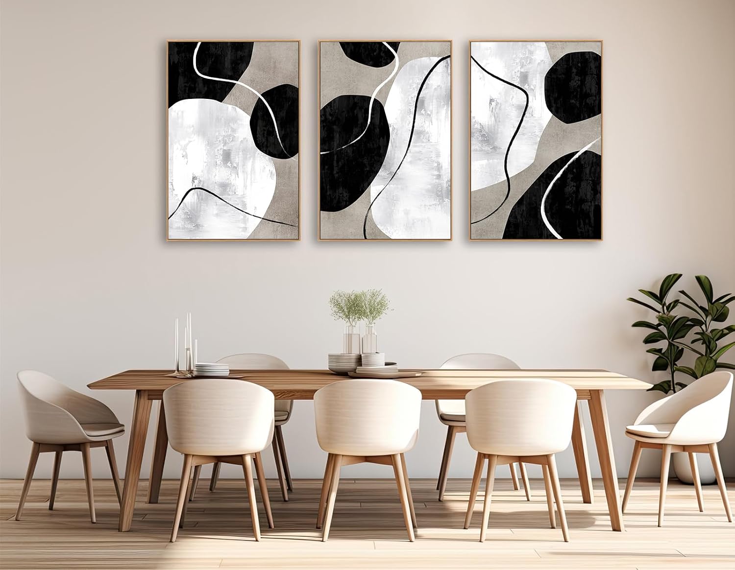 Minimalist Abstract Boho Wall Art - Natural Framed Abstract Canvas Picture Stone Painting Rock Line Artwork Modern Geometric Canvas Prints for Home Wall Decor 24' x 36' * 3 Tan Grey White Black