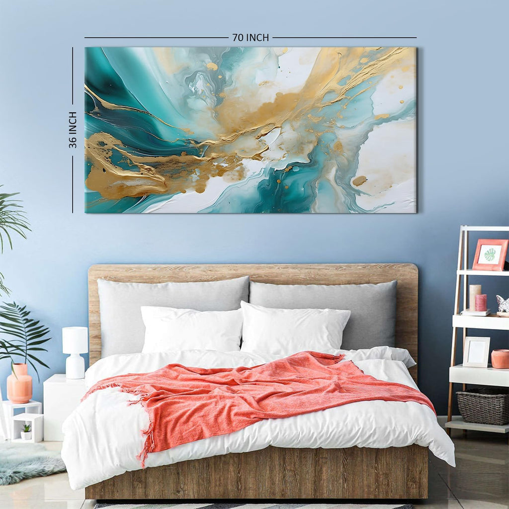 Extra Large Teal Abstract Wall Art Turquoise Wall Decor Living Room Wall Decor Modern Office Decor Marble Painting Teal and Gold Fluid Texture Prints Poster Artwork for Bedroom Decorations 35x70'