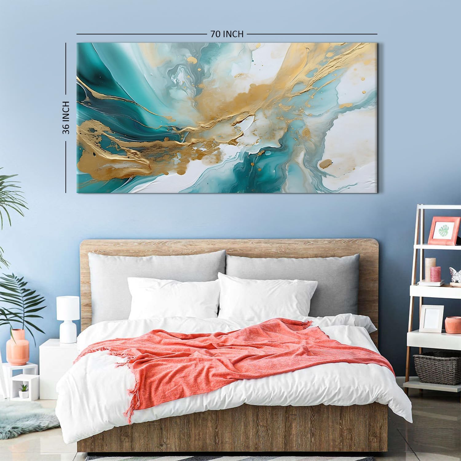 Extra Large Teal Abstract Wall Art Turquoise Wall Decor Living Room Wall Decor Modern Office Decor Marble Painting Teal and Gold Fluid Texture Prints Poster Artwork for Bedroom Decorations 35x70'