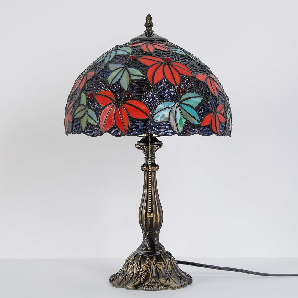 Tiffany Style Stained Glass Table Lamp, Maple Leaf Desk Light with Antique Bronze Resin Base, Multicolor Reading Lighting for Bedroom, Living Room, Office 12'X12'X19 (Maple-Purple Blue)