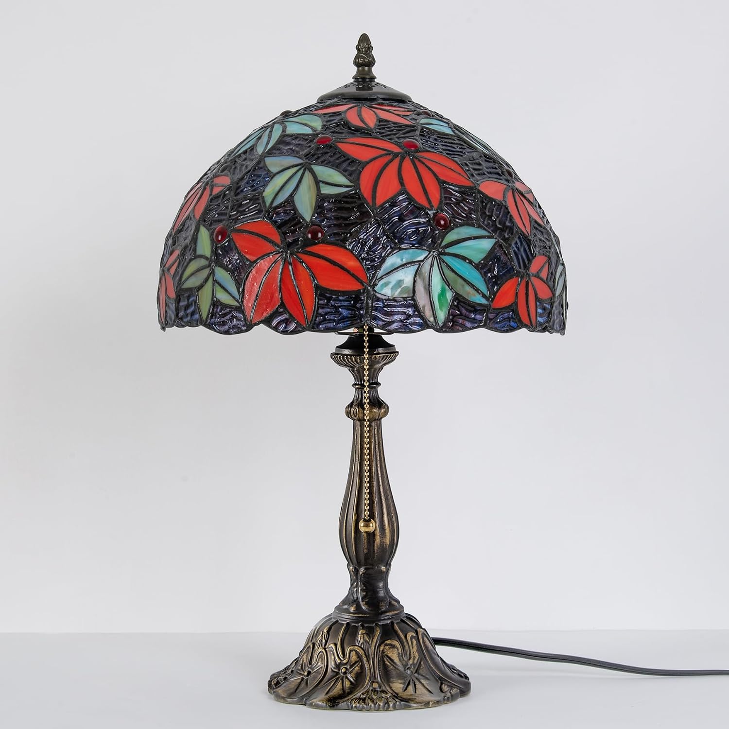 Tiffany Style Stained Glass Table Lamp, Maple Leaf Desk Light with Antique Bronze Resin Base, Multicolor Reading Lighting for Bedroom, Living Room, Office 12'X12'X19 (Maple-Purple Blue)