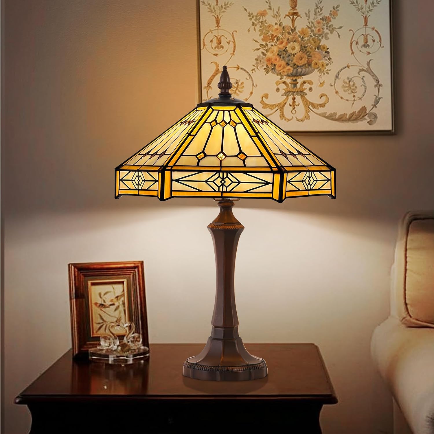 Capulina Tiffany Lamp Stained Glass Table Lamp 13x13x20 Inches Cream Hexagon Tiffany Style Desk Reading Lamp Decor for Home Office Bedroom Living Room