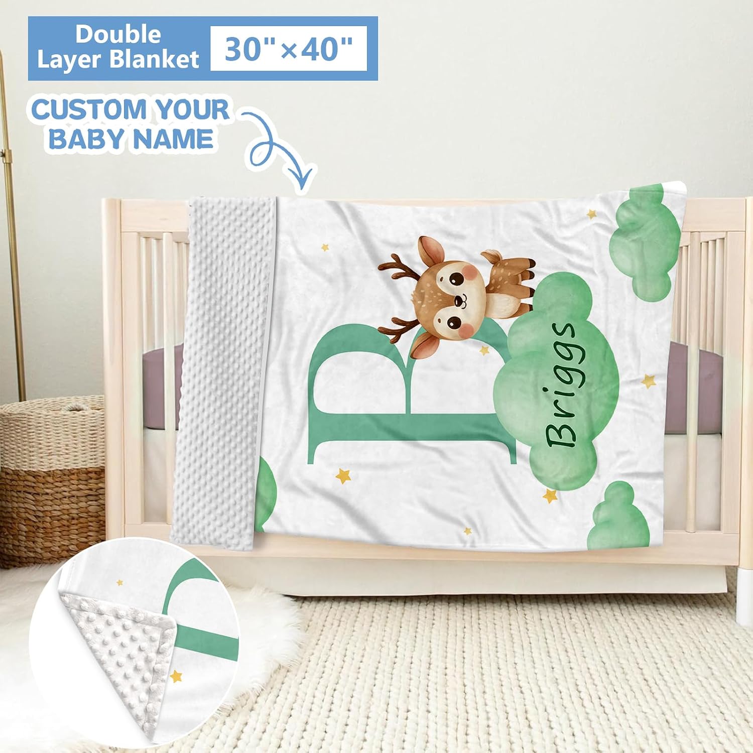 KAINSY Custom Crib Bedding Set, 5 Pcs Personalized Name Monogram Baby Crib Sets for Infants Toddlers, Green Deer Nursery Bedding Set for Boys Girls, Double Layer Baby Bedding Sets Customized Gifts