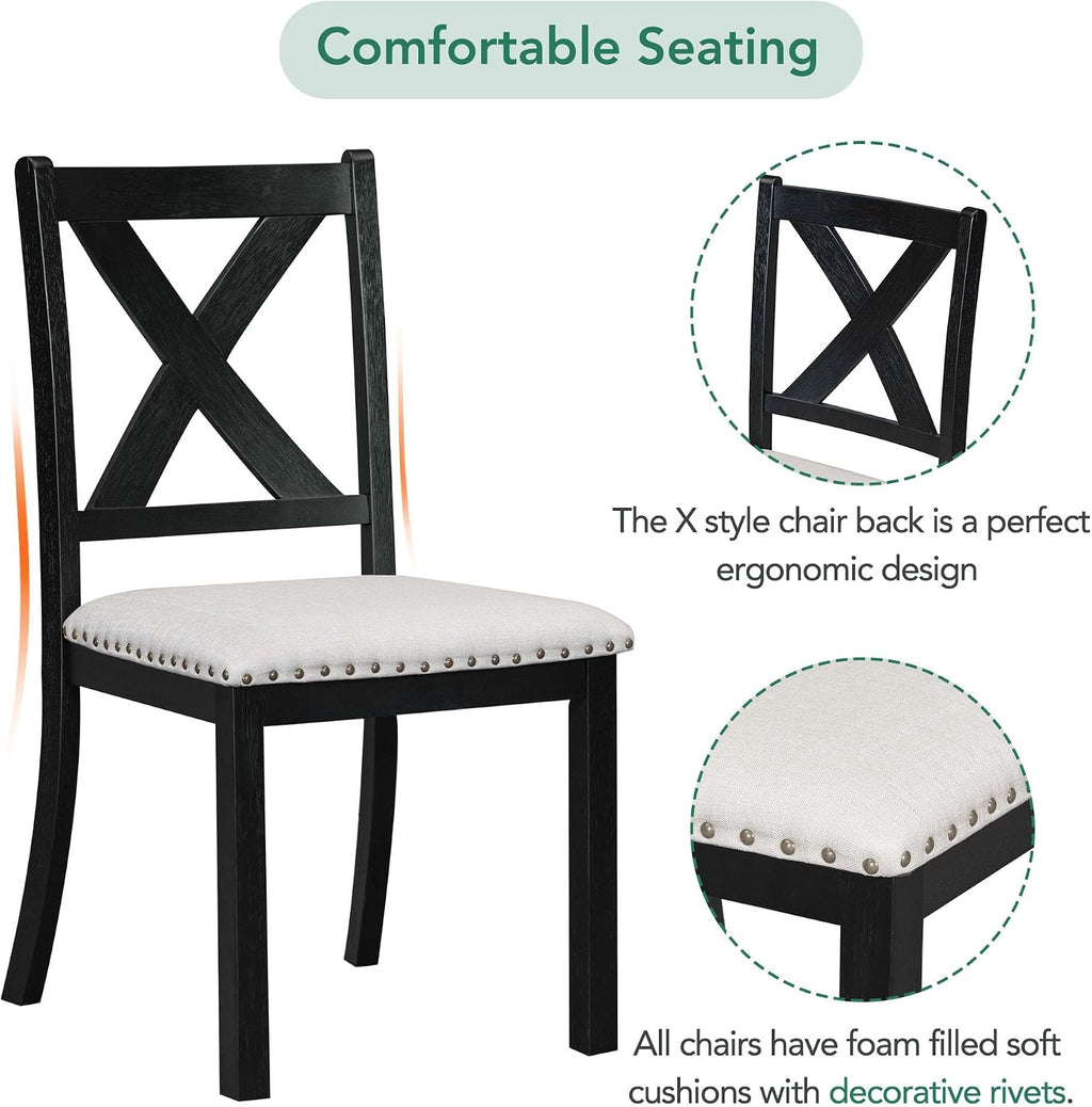 Farmhouse 6-Piece Extendable Dining Room Table Sets, Acacia Wood 82'' Dining Table with 2 Removable Leaf and Upholstered Dining Chairs& Bench, Soft Cushion with Rivet (Black+WT)