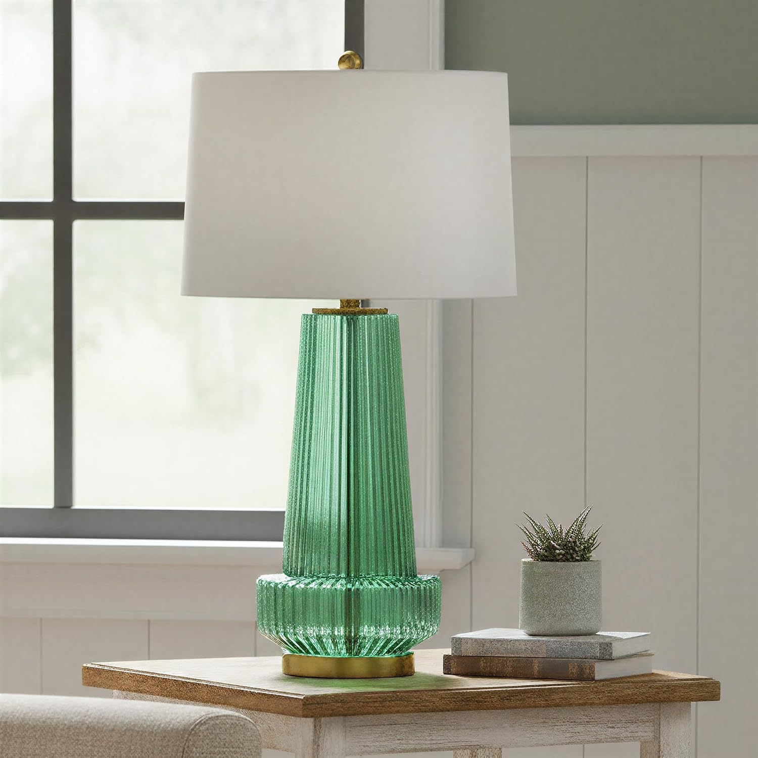 Creative Co-Op Ribbed Glass Table Lamp with Tapered Drum Shade, Green