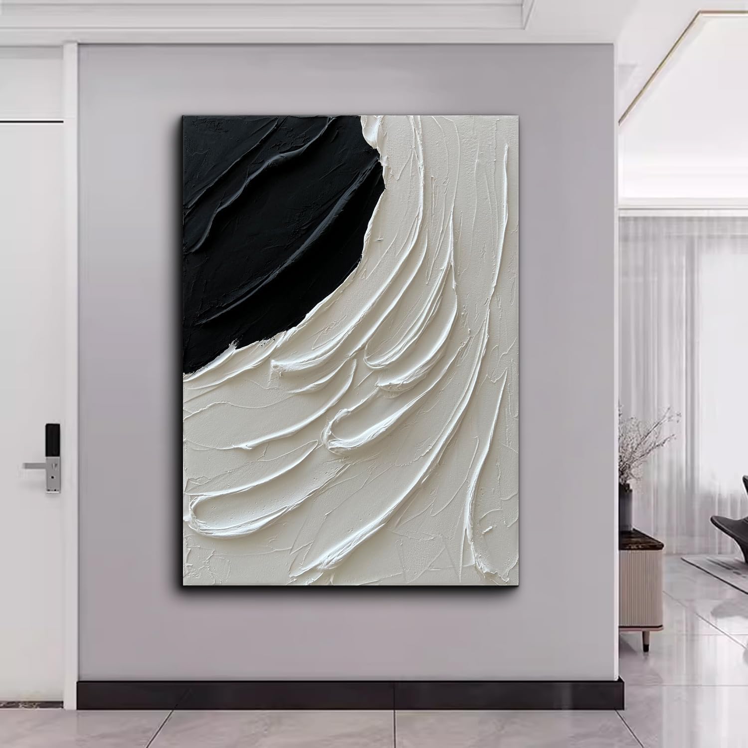 Creespi Hand Painted Thick Textured Black and White Wall Art 28x40 inch,Modern Minimalist Abstract Oil Painting On Canvas for Wall Decor