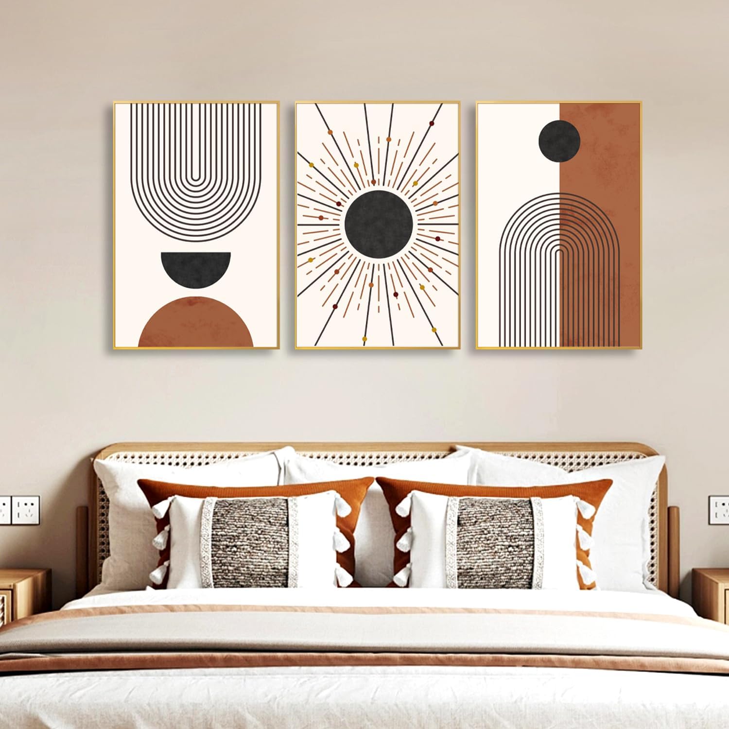 Minimalist Boho Framed Canvas Wall Art Set, Neutral Geometric Line Sun Wall Decor, Mid Century Wall Painting, Abstract Modern Bohemian Art Print for Living Room, Bedroom, Office -24'x36'x3