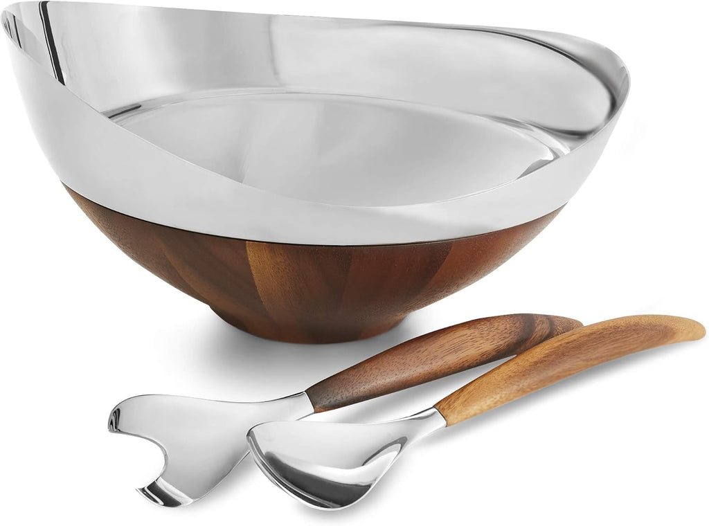 Nambé Pulse Salad Bowl with Servers, Magnetic Wood Base for Easy Cleanup, 12' x 13' Stainless Steel Bowl with 11.5' Servers, Modern Serveware for Kitchen, Dining & Parties