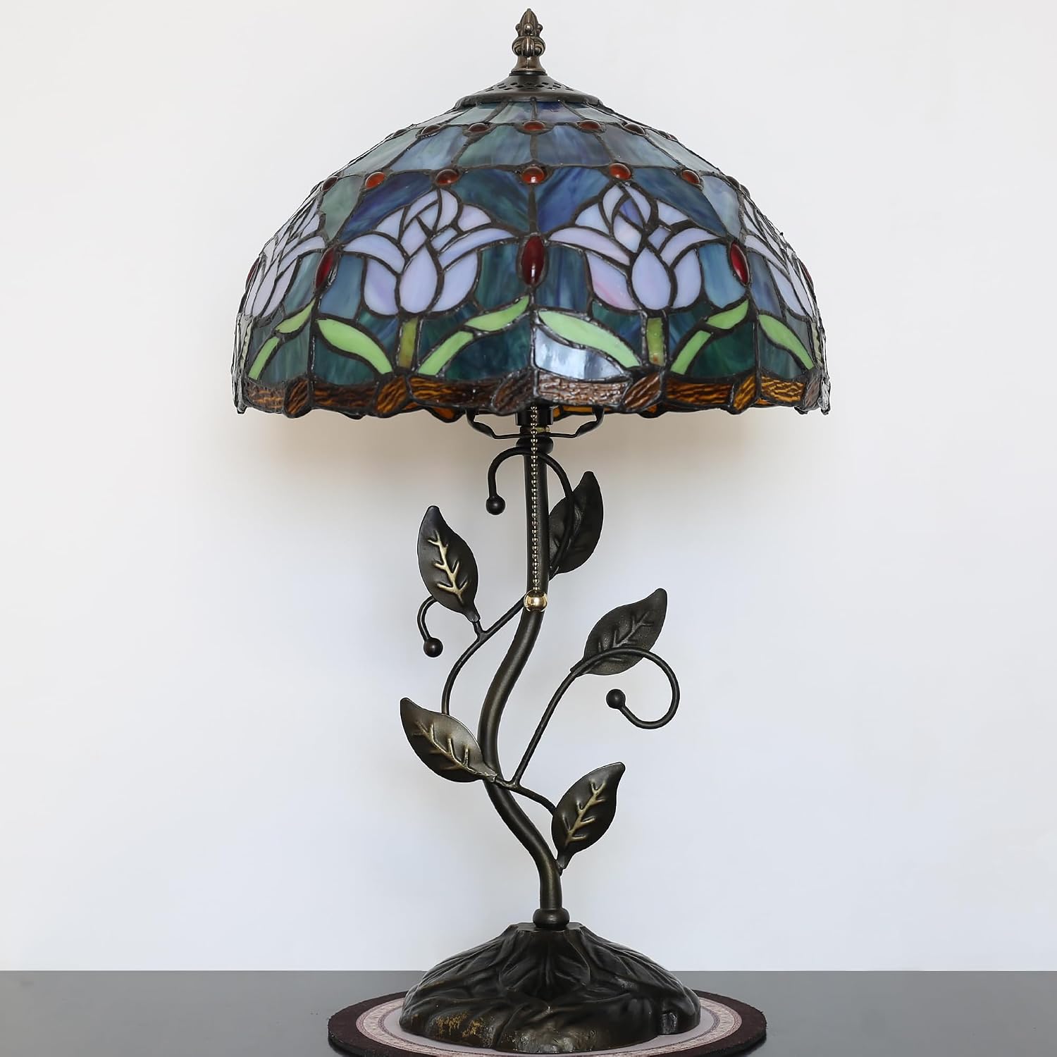 Tiffany Lamp Stained Glass Style Table Lamp Pink Tulips Style Bedside Desk Reading Light W12H19 Inch Metal Leaf Base with Metal Leaf Base