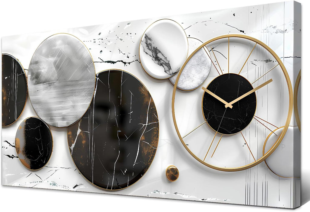 Modern Abstract Canvas Wall Art for Living Room Home Office Decor Black and White Gray Picture for Wall Decor Geometric Texture Marble Painting Clocks Prints Poster Artwork Decorations 24x48'