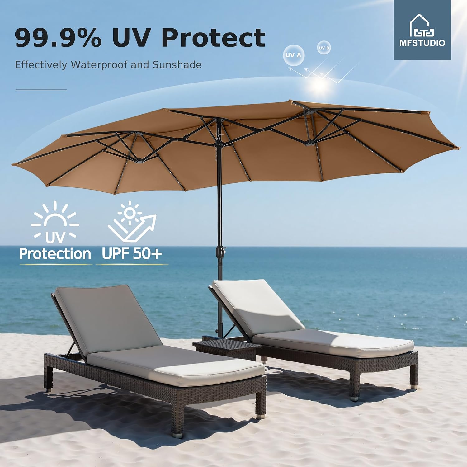 MFSTUDIO 15ft Double Sided Patio Umbrella with Solar Lights, Outdoor Large Umbrellas with Crank Handle and 36 LED Lights, Rectangular Market Umbrella with Base Included for Deck Pool Shade, Tawny