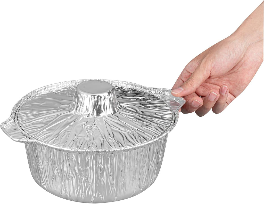 Foil Lux 60 Ounce Pans And Lids, 100 Disposable Pots With Lids - Oven-Ready, Stove Compatible, Aluminum Foil Baking Pans, Freezable, For Outdoor Camping, Vacation, Picnic, And More - Restaurantware