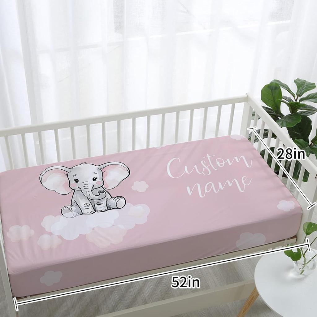 TOOTANN Custom Baby Crib Bedding Set, 5 Pcs Personalized Name Baby Crib Sheets for Kid Toddler Infant, Pink Background Little Elephant Nursery Bedding Set