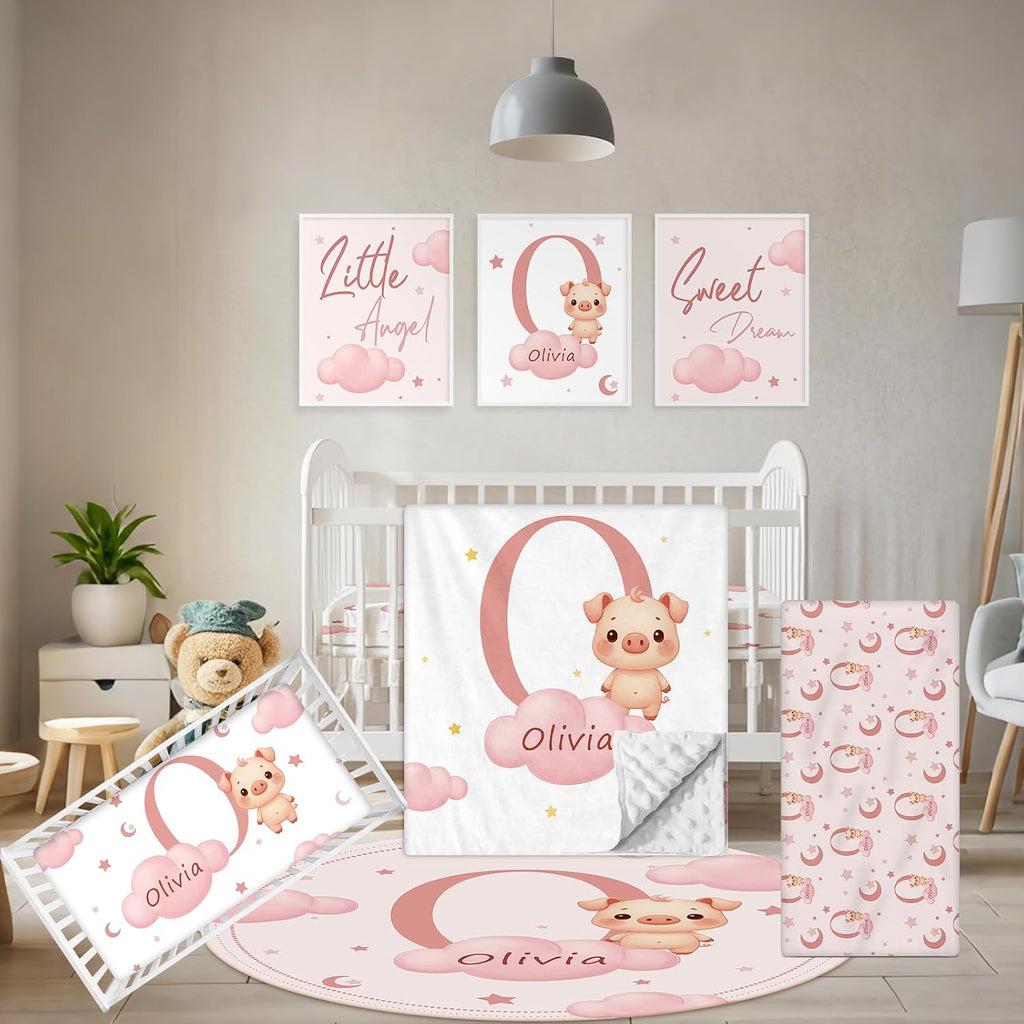 Terwex Custom Baby Bedding Set, 5 Pcs Personalized Baby Crib Sets with Name, Toddler Bedding Set for Baby Girls Boys, Pink Pig Double Layer Nursery Bedding Set, Customized Gift for Infant New Parents