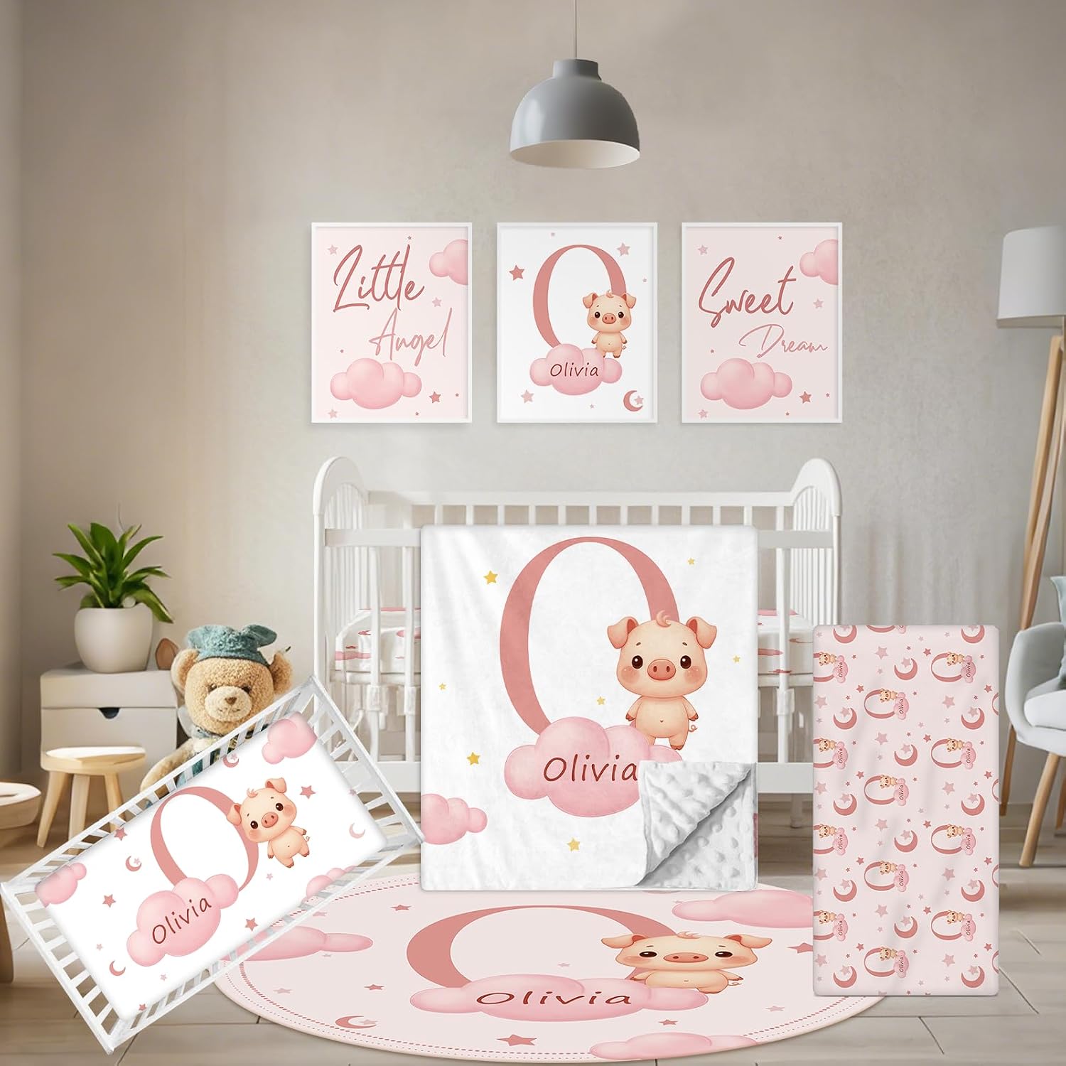 Terwex Custom Baby Bedding Set, 5 Pcs Personalized Baby Crib Sets with Name, Toddler Bedding Set for Baby Girls Boys, Pink Pig Double Layer Nursery Bedding Set, Customized Gift for Infant New Parents