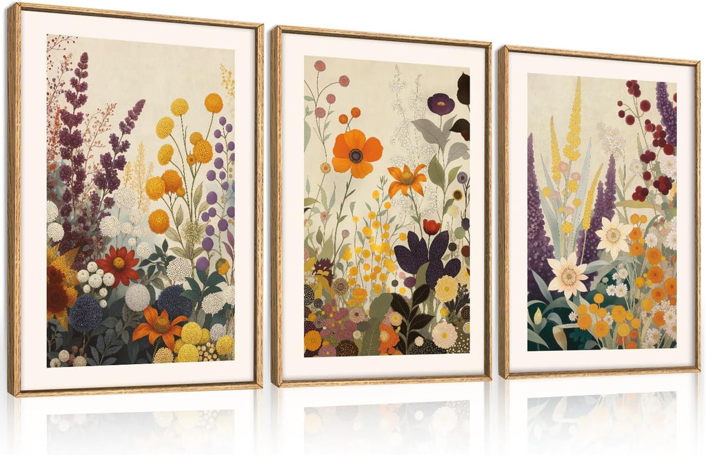 Aurlan Large Retro Boho Vibrant Floral Framed Canvas Wall Art Set,Earthy Abstract Tropical Wildflower Wall Decor,Modern Terracotta Botanical Artwork for Living Room,Bedroom,Farmhouse-24 x36 x3