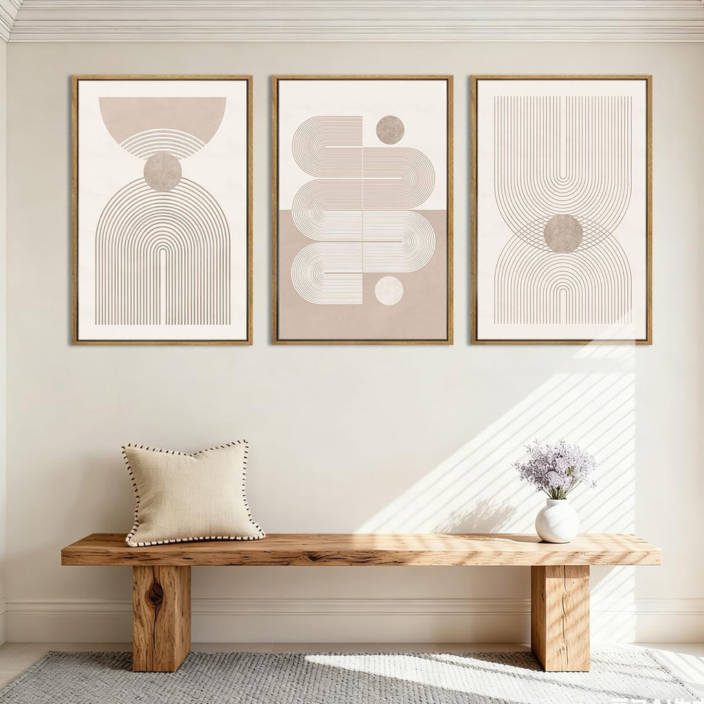 Anyzal Extra Large Boho Abstract Wall Art 24x36 Inch Framed Minimalist Neutral Canvas Wall Decor Pink White Modern Artwork for Living Room Bedroom Office Set of 3