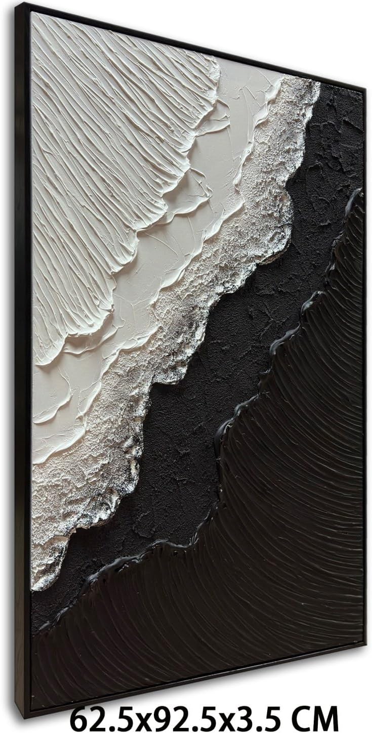 Framed Black and White Ocean Wave Wall Art, Modern Abstract Textured Paintings on Canvas, Relief Wall Art for Living Room Bedroom Wall Decor