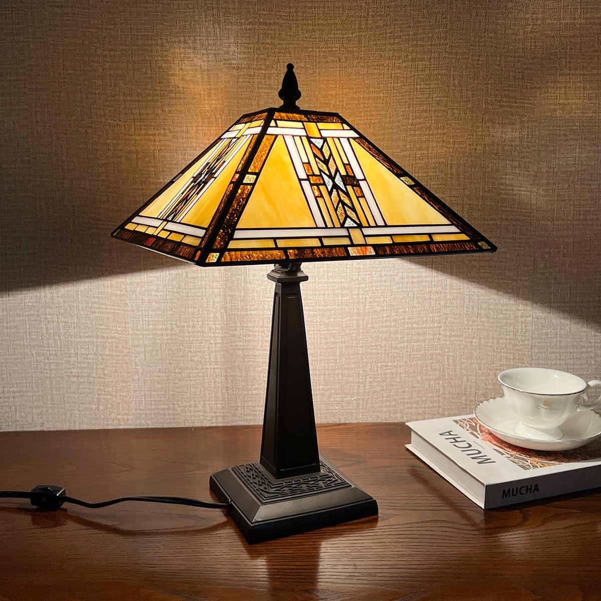 Tiffany Table Lamp,Mission Stained Glass Table Light,Antique Style Medium Size Desk Lamp Vintage Beside Reading Lamp for Living Room Bedroom Office