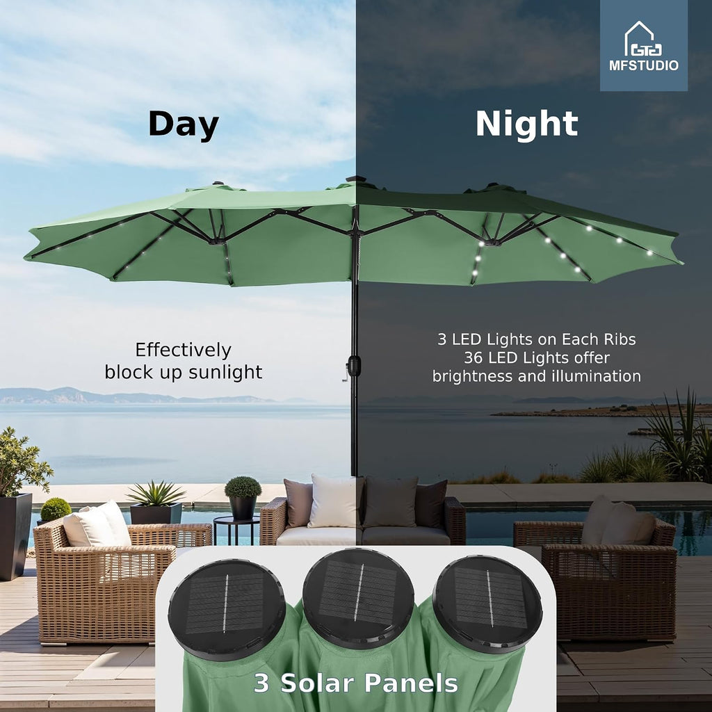 MFSTUDIO 15ft Double Sided Patio Umbrella with Solar Lights, Outdoor Large Umbrellas with Crank Handle and 36 LED Lights, Rectangular Market Umbrella with Base Included for Deck Pool Shade, Mint Green