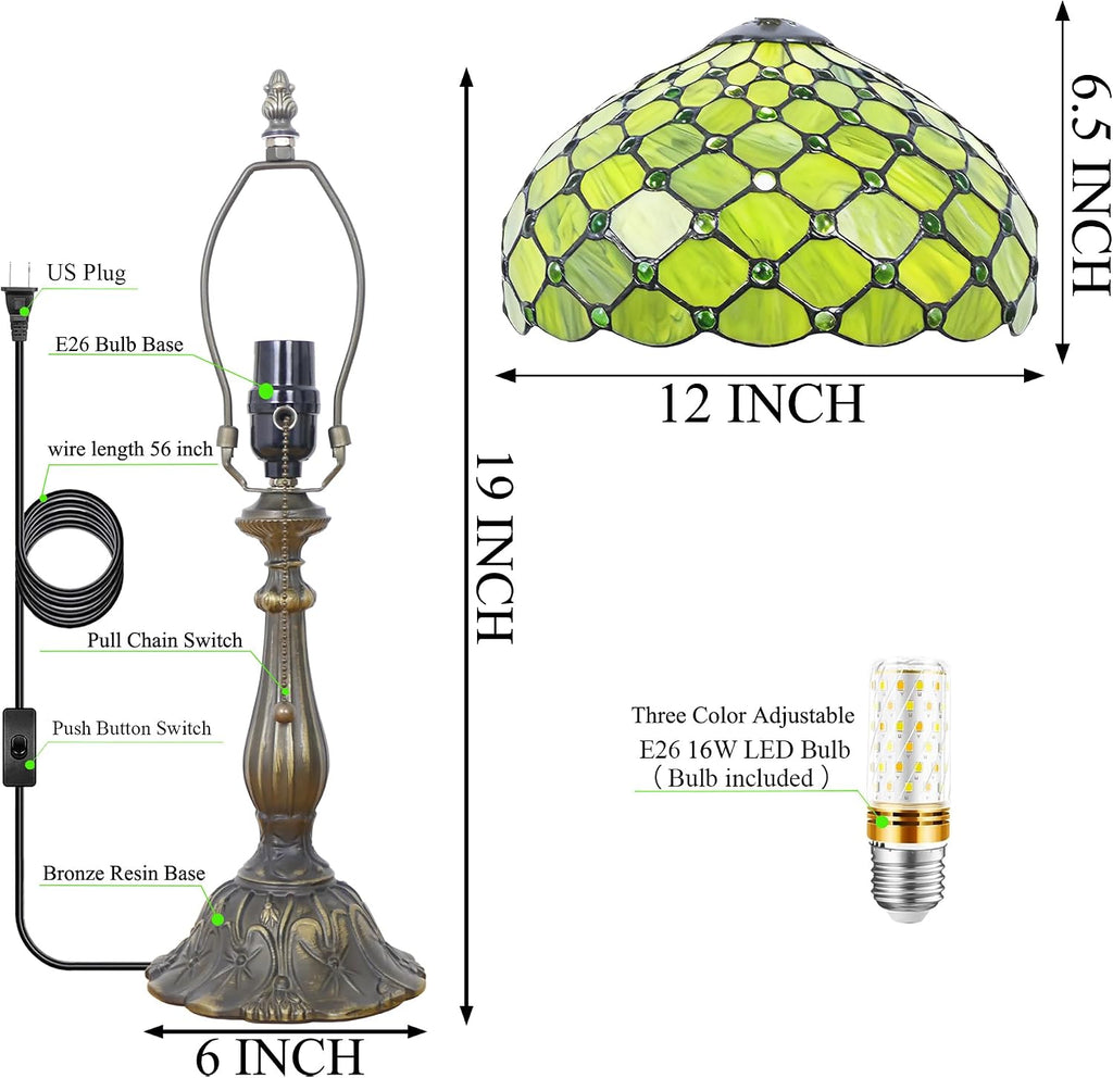 Tiffany Lamp Stained Glass Table Lamp Antique Bedside Reading Light W12H19 Inches (Green Yellow Pearl)