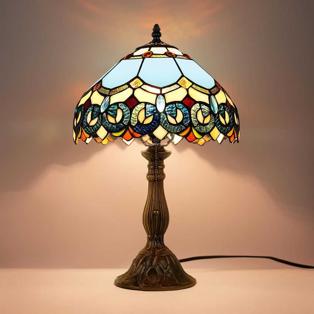MOAN Lamp Stained Glass Table Lamp 12X12X19 Inch Bedside Reading Light Antique Bronze Base(Sapphire Style)