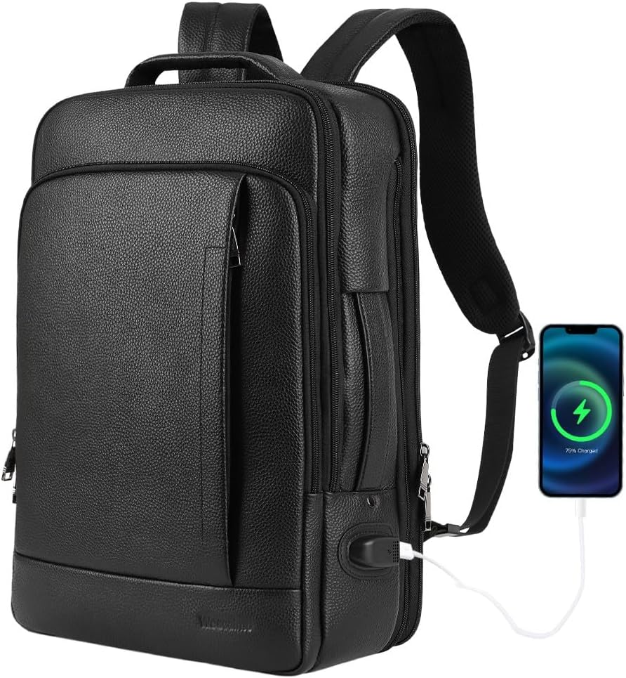Full Grain Genuine Leather Backpack for Men Multi-Functional 15.6' Laptop Backpack with USB Charging, Black Convertible Business Travel Backpack Work Rucksack Daypack