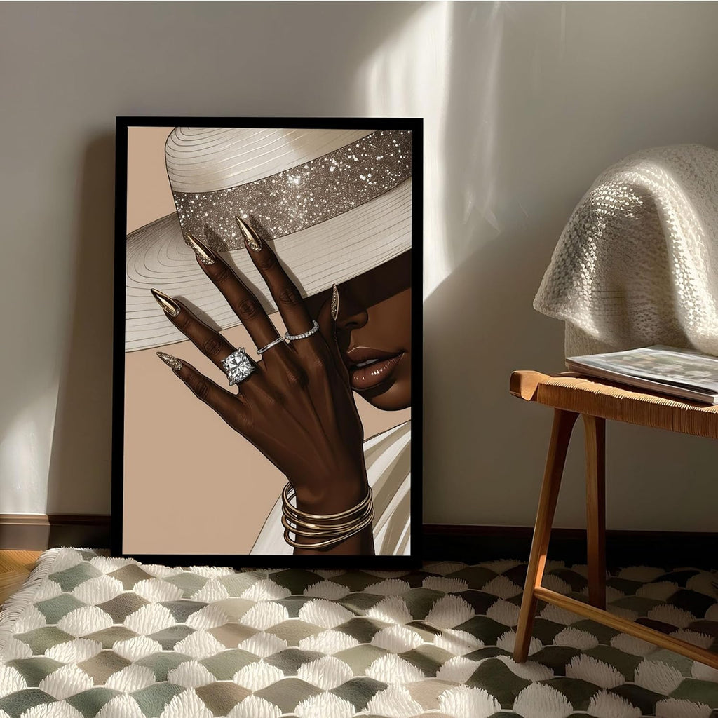 Fashion wall painting Black girl with white hat Canvas painting African poster is a good choice for room decoration Simple art 24x36in Metal blackFramed
