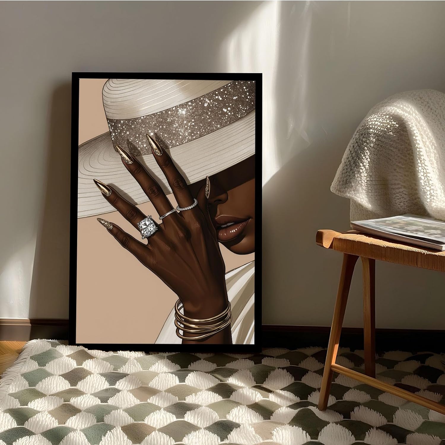 Fashion wall painting Black girl with white hat Canvas painting African poster is a good choice for room decoration Simple art 24x36in Metal blackFramed